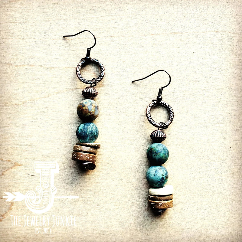 Frosted African Turquoise and Wood Earrings