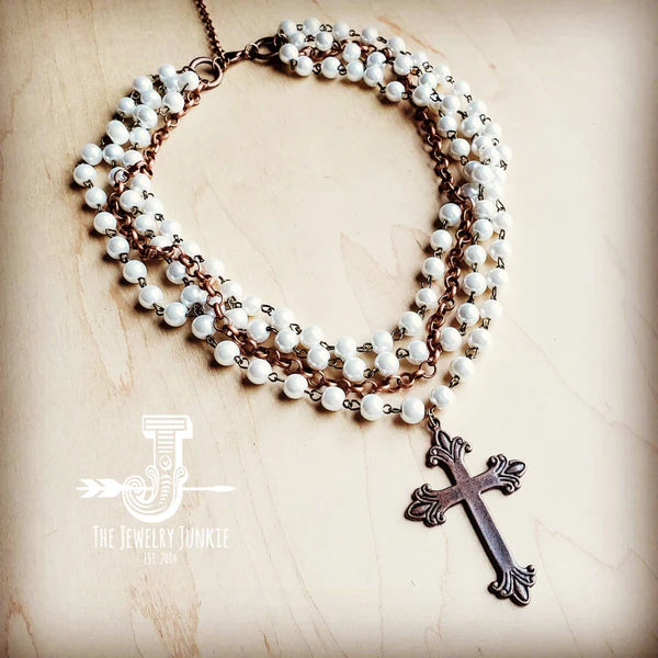 Pearl and Copper Collar-Length Necklace with Copper Cross