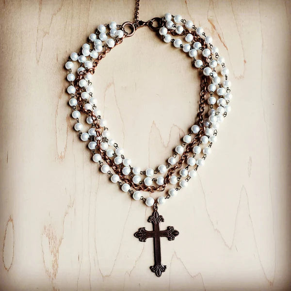 Pearl and Copper Collar-Length Necklace with Copper Cross