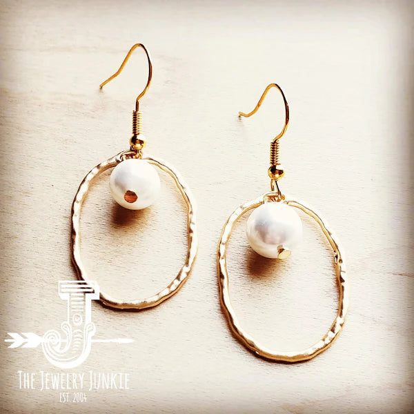 Matte Gold Hoop Earrings with Pearl Dangle